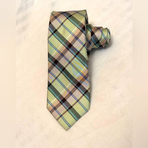 Express Brand Necktie Tie Repp Silk Pastel Plaid Green Blue Pink Mens - Picture 5 of 13